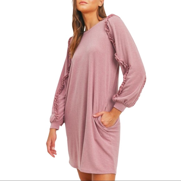 French Terry Long Balloon Sleeves Tunic Mini Dress - Picture 1 of 8